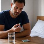 Man in a blue t-shirt sitting on a bed, holding a small turquoise pill with a glass of water and a blister pack on a wooden table.