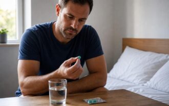 Man in a blue t-shirt sitting on a bed, holding a small turquoise pill with a glass of water and a blister pack on a wooden table.