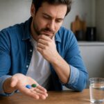 Pensive man in a denim shirt looking at a blue and a green pill in his palm, with a glass of water on a wooden table.