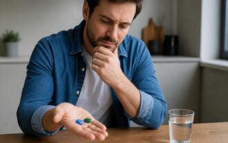 Pensive man in a denim shirt looking at a blue and a green pill in his palm, with a glass of water on a wooden table.