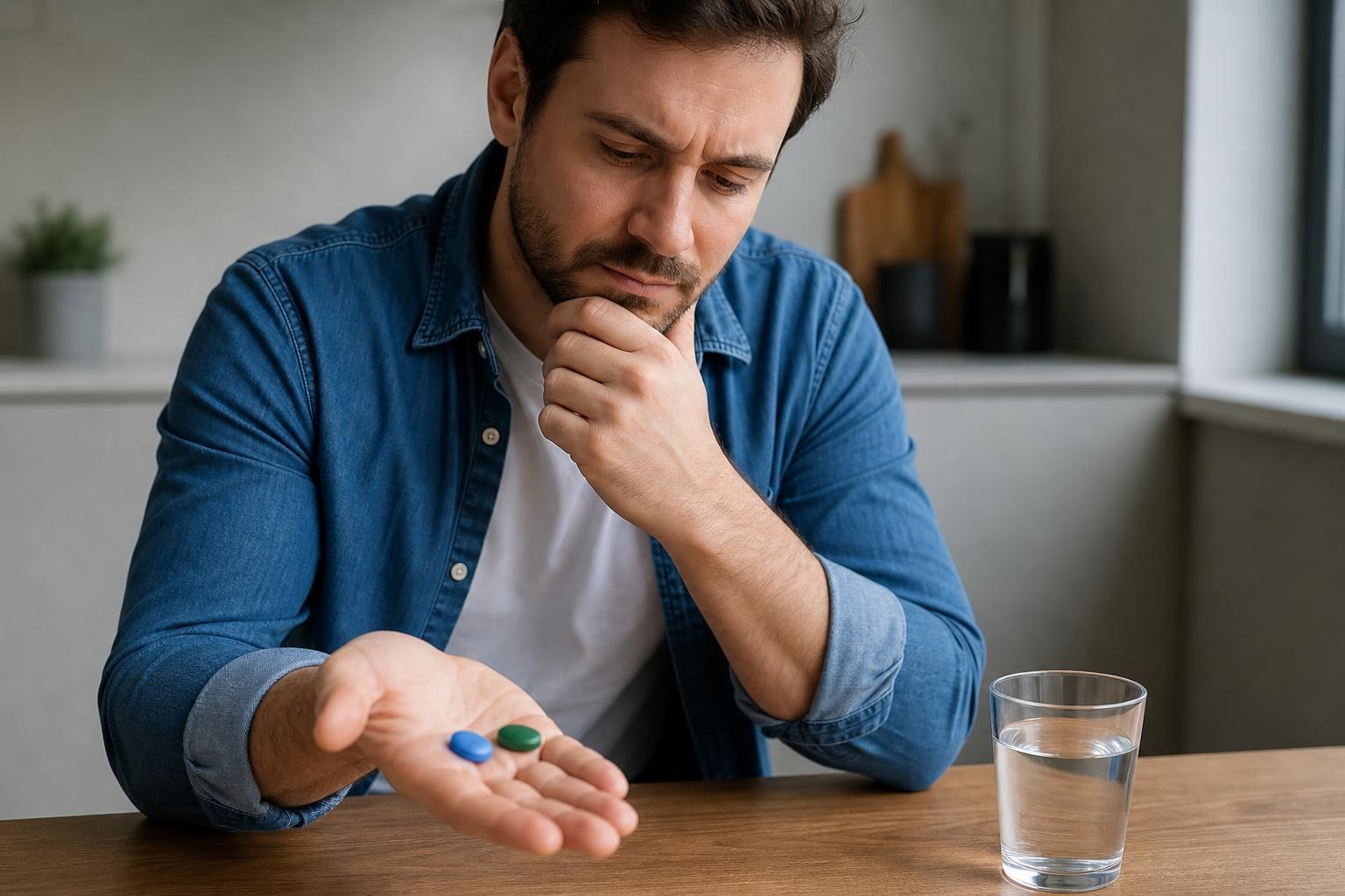 Pensive man in a denim shirt looking at a blue and a green pill in his palm, with a glass of water on a wooden table.